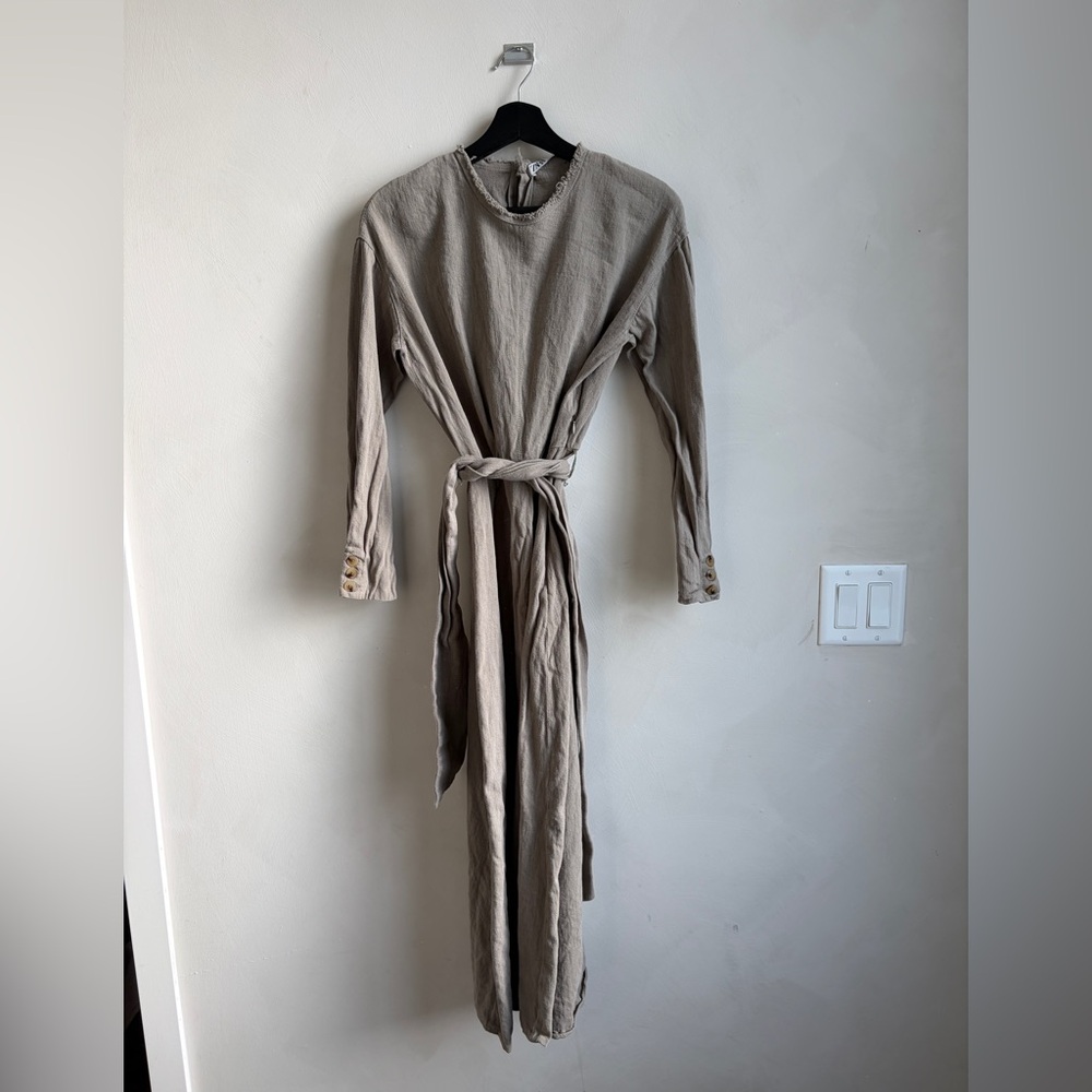Zara Taupe Long-Sleeve Tie-Waist Maxi Dress